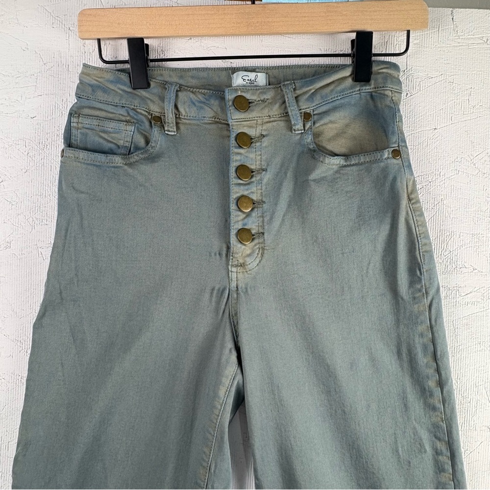 Easel Washed Denim Green Blue Wide Leg Jeans Small High Waist 5 Buttons Cropped - Picture 6 of 10